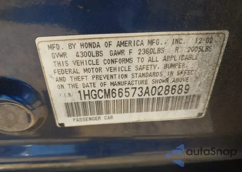 2003 Honda Accord 3.0 Ex из США, поврежденный, VIN 1HGCM66573A028689